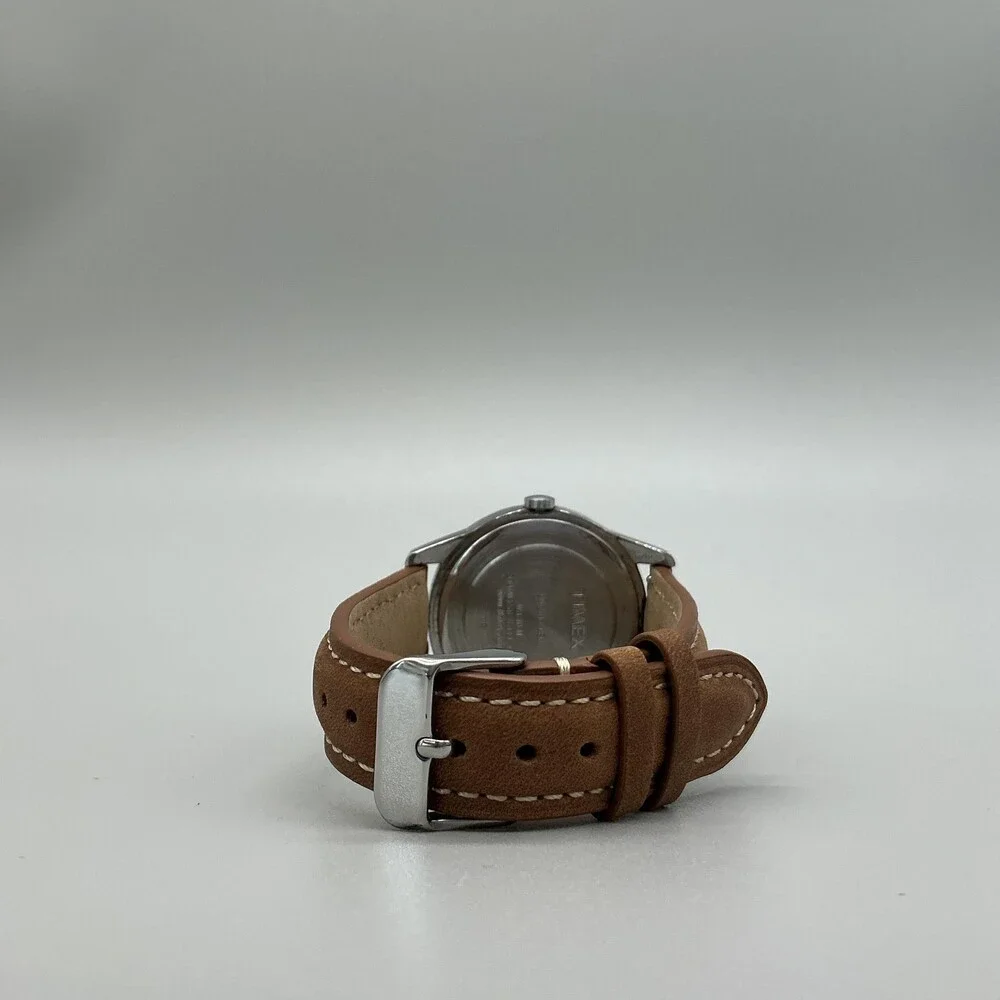 Timex Indiglo Mens Watch 36mm White Dial Brown Leather Day Date New Battery